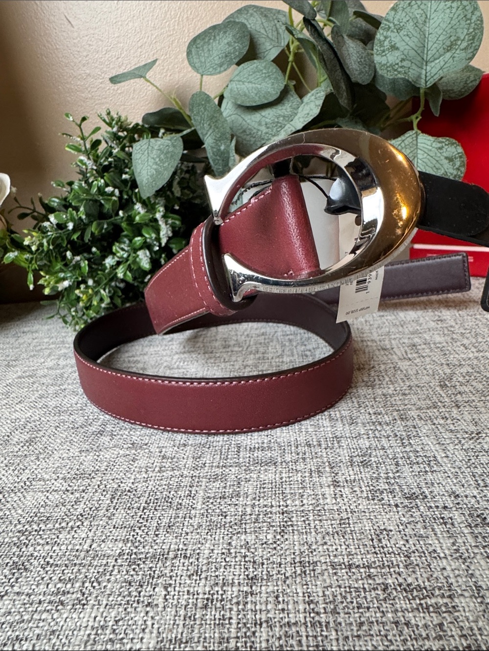 Coach Burgundy Leather Belt with Silver-Tone Buckle - Picture 2 of 5